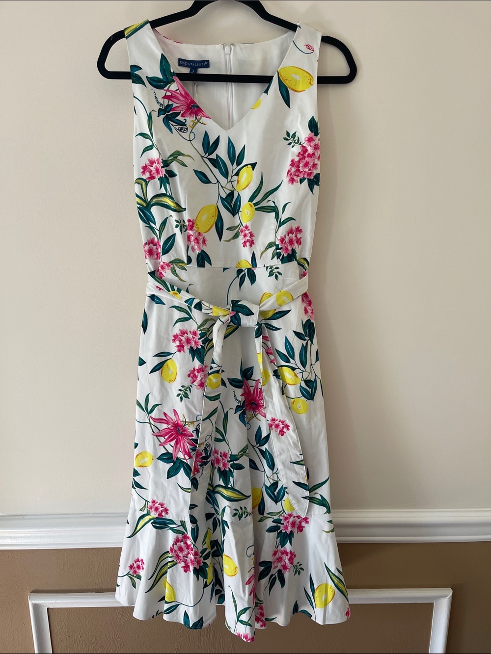 Talbots White Sleeveless Midi Dress with Yellow Lemon & Pink Floral Print